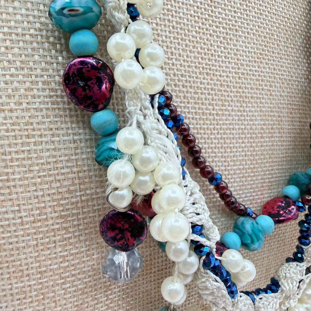 Vintage Y2K Multi Strand Beaded Turquoise Pearl Necklace Boho Statement Jewelry - Picture 6 of 14